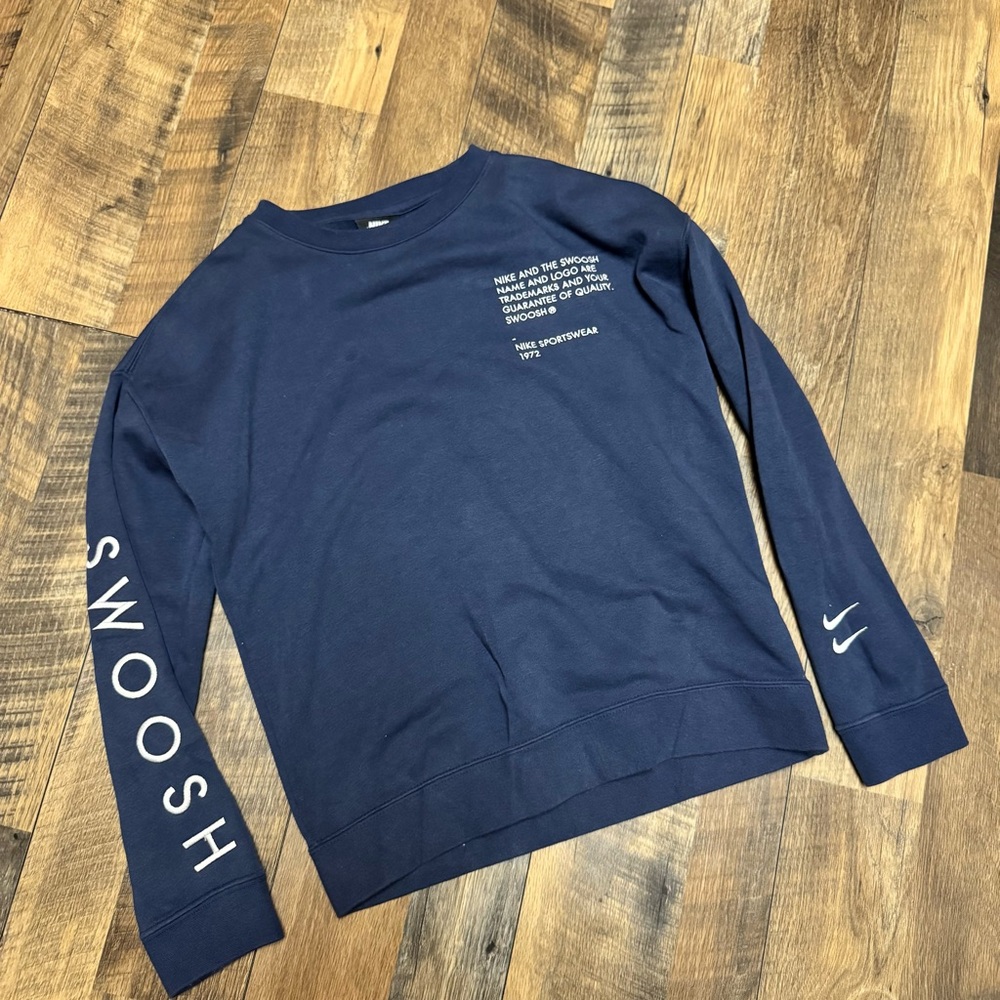 Nike Youth Navy Crewneck Sweatshirt with White Swoosh and Sleeve Text